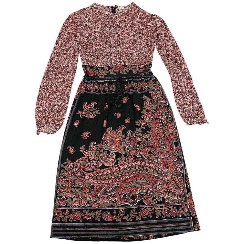 Nancy Greer WMNS 10 Vintage Floral Long Sleeve Waist Tie MIDI Dress Paisley